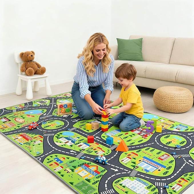 Kids Car Play Rugs - 5x7ft Learning and Fun City Road Map Play Mat for Playing with Cars Trucks, Non-Slip Playmat for Nursery, Playroom Bedroom and Classroom, Machine Washable