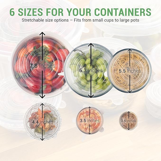6 PCS Reusable Silicone Stretch Lids for Food Storage- Leakproof, Heat-Resistant Replacement Lids for Bowls, Cans, Cups and Glass Containers