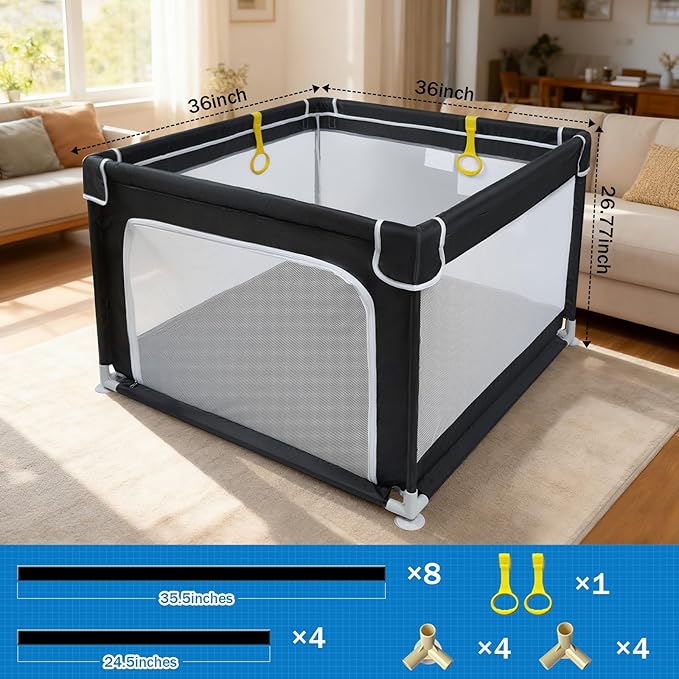Baby Playpen for Babies and Toddlers,Small Baby Fence Floor Yard,Soft Breathable Mesh, Anti-Slip Base, Mini Play Yard with Pull-Up Ring Safe Anti-Fall Play Yard with Gates,36"X36"in