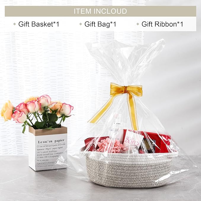 LANDNEOO Small Woven Basket with Gift Bags and Ribbons, Empty Decorative Gift Chest Box, Cute Baby Gift Basket for Nursery, Cotton Rope Room Shelf Storage Basket with Handles, 12"x 8"x 5", Brown