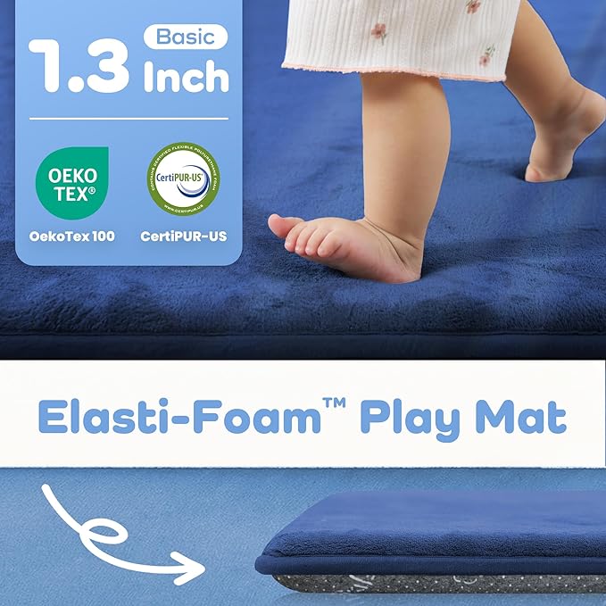 1.3" Thick Baby Play Mat for Floor, 79x79 Playpen Mat, Pro Soft Flannel Foam Mats Toddler Infant Kids Crawling for Nursery Rug Playroom Living Room Waterproof Easy Care Non-Slip (Blue)