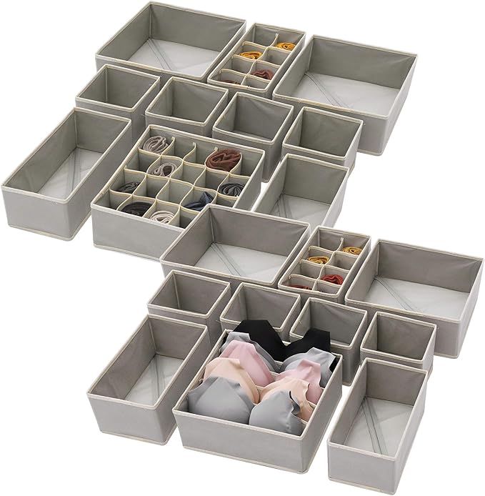DIOMMELL Set of 21 Foldable Cloth Storage Box Closet Dresser Drawer Organizer Fabric Baskets Bins Containers Divider for Baby Clothes Underwear Bras Socks Lingerie Clothing,Grey 11-4249