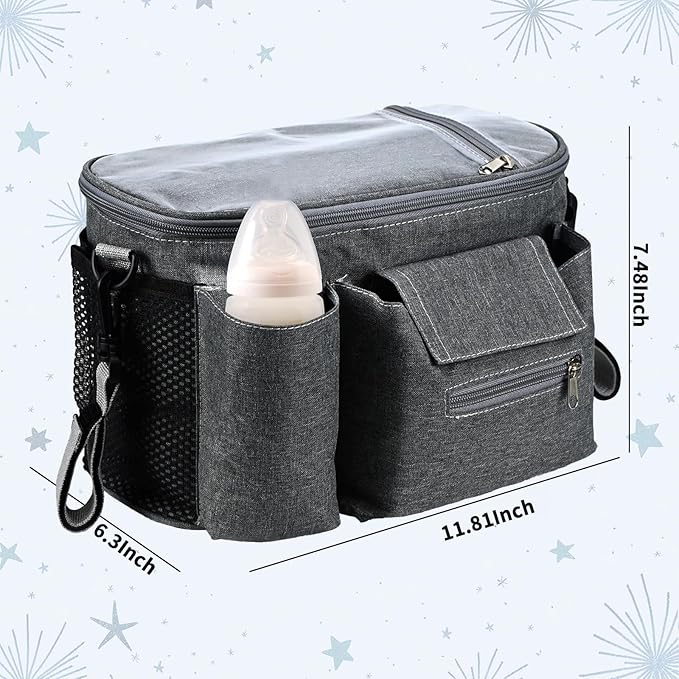 Smlper Stroller Organizer with Cup Holders, Adjustable Universal Organizer Caddy Bag - Phone Pocket & Detachable Strap for Baby Stroller and Pet Stroller (Grey)