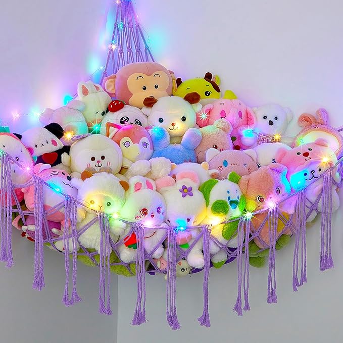 Basumee Stuffed Animals Net or Hammock with LED Light, Hanging Stuffed Animals Storage Toy Hammock Net Corner Wall Girls Room Decor Toy Storage Organizer, Purple, XL