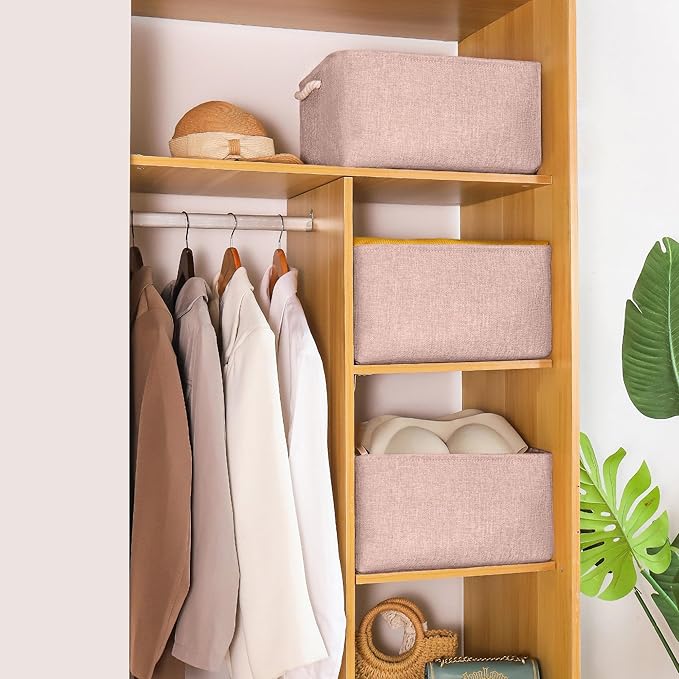 LordCom Storage Bins with Sturdy Cotton Handles(3 Pack), Fabric Storage Baskets for Organizing use for Office & Home, Book, Clothes, Toys, Closet Boxes (Medium, Pink, 14.2x10.2x7.1 inches)
