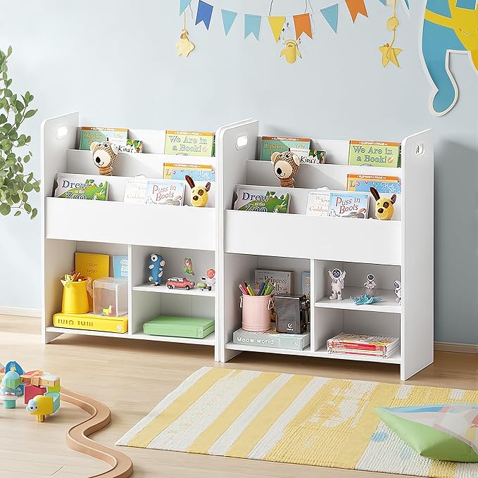 VECELO Kids Bookshelf with Toy Storage - Wooden Nursery Organizer for Books & Toys, Easy Assembly Playroom Shelf (White)