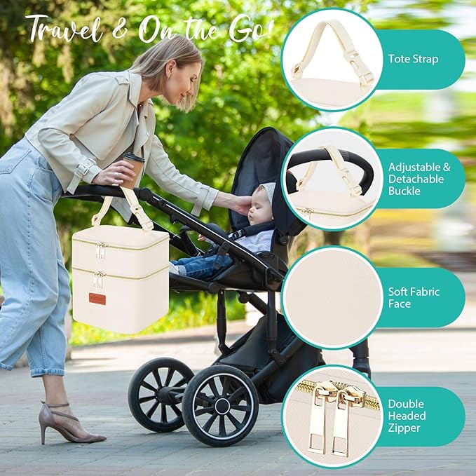 PIIOSER Insulated Baby Cooler Bag with Ice Pack, Fits 4 Baby Bottles Up to 5 Ounce, Portable Breastmilk Cooler Travel Bag with Buckle for Nursing & Working Mom Daycare (Cream-XS-1