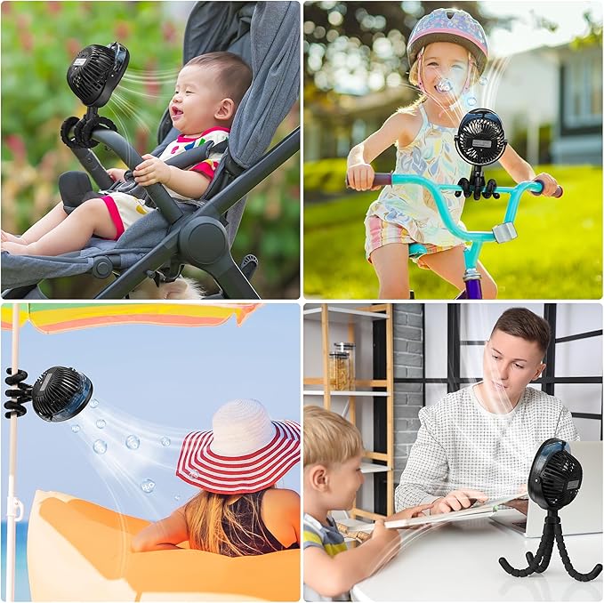 2025 Upgarded 4000mAh Misting Baby Stroller Fan, Rechargeable Battery Operated,Max 15Hrs Cooling,50ml Portable Water Sprayer Misting Fan with Flexible Tripod Clip on Car Seat Crib Treadmill Bunk Bed