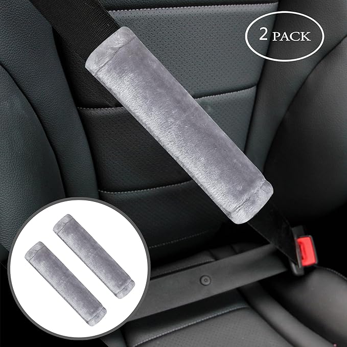 Amooca Soft Faux Fur Universal Fit Seatbelt Cover Car Truck SUV Airplane Seat Belt Shoulder Pad for Carmera Backpack Straps Neck Cushion Protector 2 Pack 10.5in Light Silver Grey
