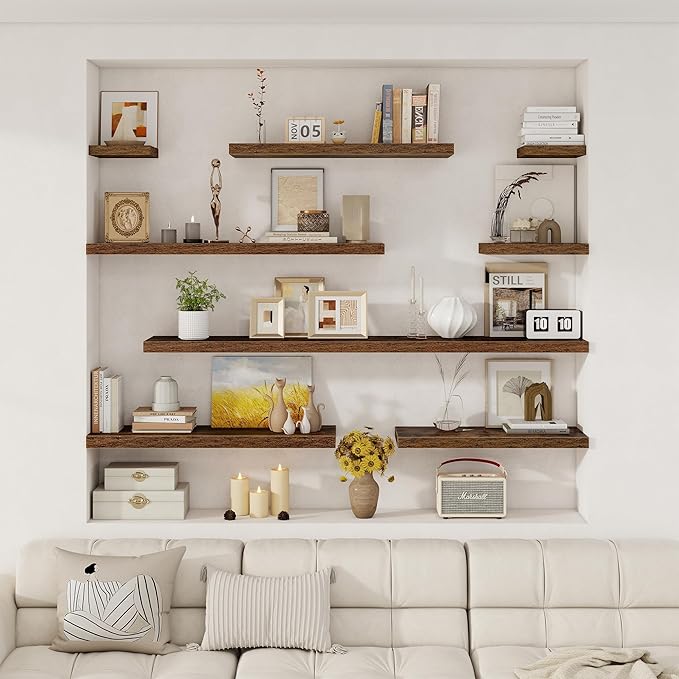 Fun Memories Deep Floating Shelves, 32W x 12D Rustic Brown Wall Shelves, 32 Long Rustic Wood Wide Storage Shelves for Bedroom, Kitchen, Farmhouse, Laundry Room, Bedroom, Kitchen, Home Office- Set of 3
