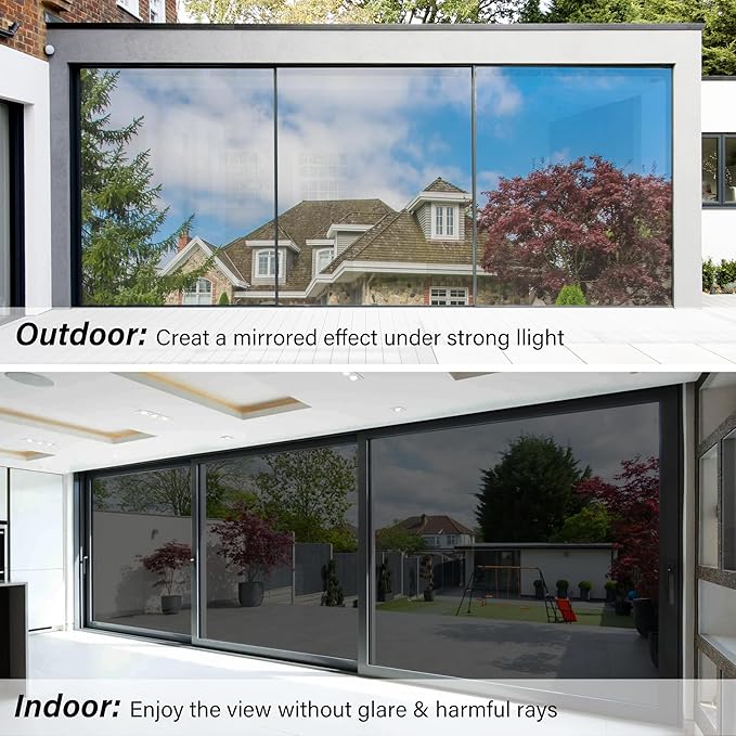 Kromapolis One Way Window Privacy Film Reflective Mirror Home Window Tint, Daytime Privacy Heat Control Anti UV Glass Tinting Static Cling (Black-Silver, 45.2 x 157.4 inch)