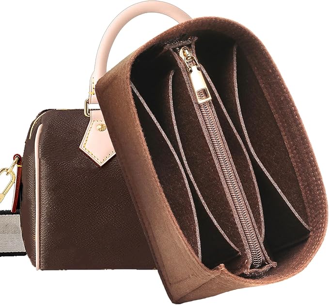Premium Felt Purse Organizer Insert, 7 Compartments with Removable Zipper Pocket | Small Purse Organizer Fits LV Speedy 20, Noé BB, Mini Ophidia Tote, Groove 20 & More Bag Organizer Insert (Brown)