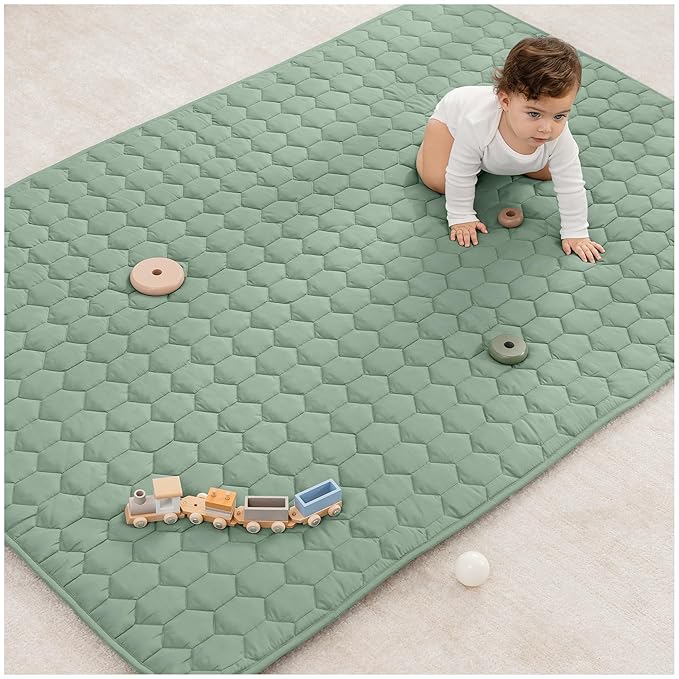 Comfy Cubs Rectangle Kids Play Mat - Medium 48 x 72 inches Soft Quilted Baby Floor Mat with Non-Slip Bottom - Plush Design for Toddlers Playtime - Comfortable and Durable - Fern