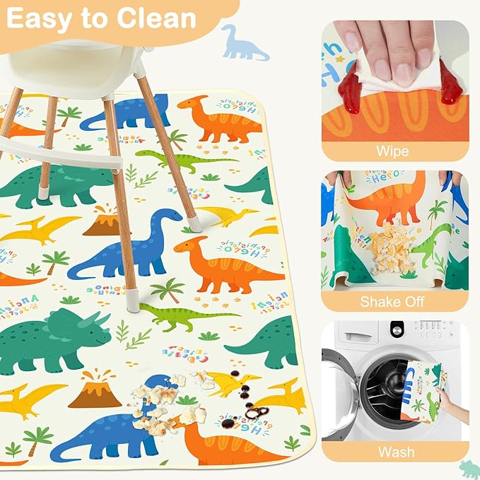 Splat Mat for Under High Chair 42 x 42 Inch Waterproof Baby Splash Mat with Non Slip Bottom Reusable Portable Highchair Mat for Floor Food Catcher for High Chair, Green Dinosaur