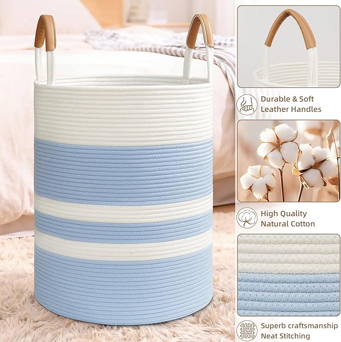 Degeyoyo 60L Striped Laundry Basket, Blue Laundry Hamper with Leather Handles, Woven Cotton Rope Storage Bin for Blankets, Nursery Hamper for Clothes, Toys In Bathroom, Livingroom, Bedroom
