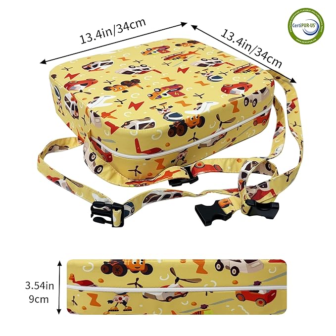 Toddler Booster Seat for Dining Table, Waterproof Kids Booster Seat for Kitchen Chair, High Density Foam Cushion with Non-Slip Bottom, Washable Cover & Adjustable Straps (Car)
