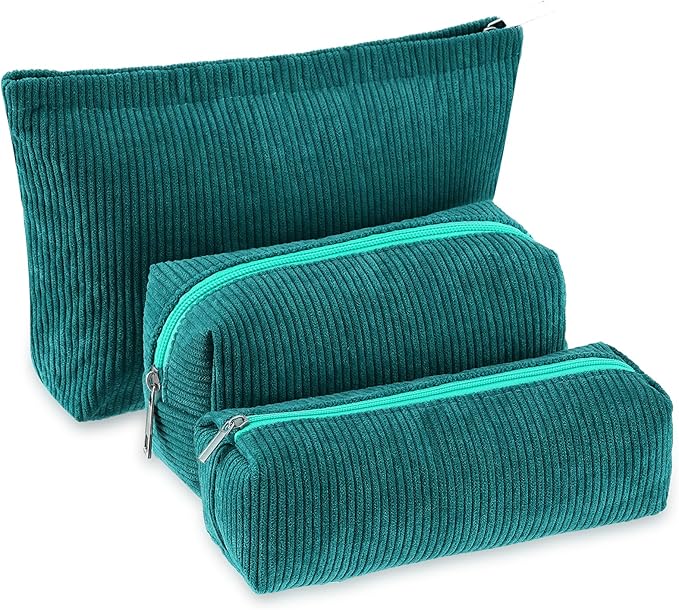 3 Pcs Makeup Bag Set for Women Corduroy Cosmetic Pouch Aesthetic Smile Travel Toiletry Bag Cute Purse Pouch Pencil Case Makeup Brushes Storage Organizer with Zipper(Dark Green,Solid Style)