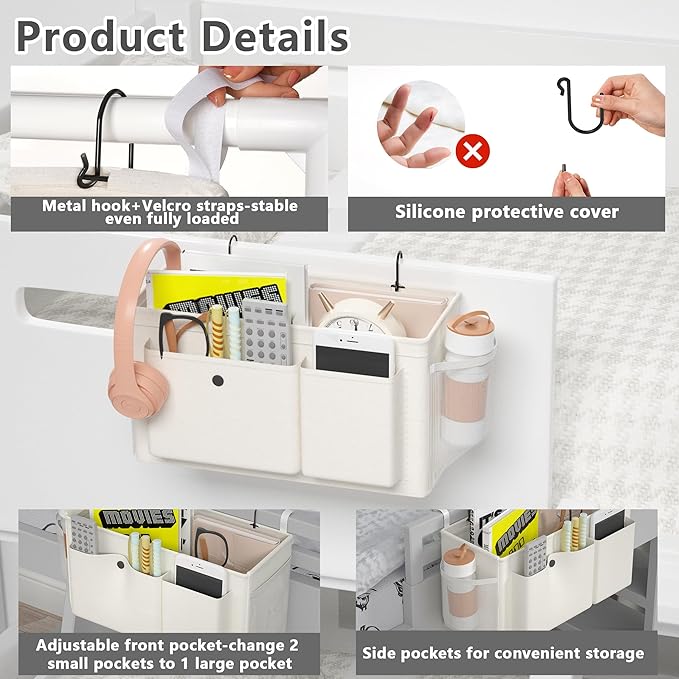 Edudif Bedside Caddy Bedside Organizer with Fixed Straps & Water Bottle Holder, Bunk Bed Caddy ideal for Home, Dorm, Hospital, Crib, Versatile Bedside Storage Solution (White)