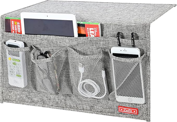 Linen 6 Pockets Bedside Caddy, Bedside Storage Organizer for Magazine, Remotes, Phone (Grey)