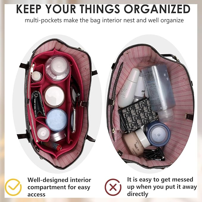 Purse Organizer Insert with Base Shaper Compatible with neverfull MM, Speedy 30, C.oach City 33 and More,Bag Organizer Insert for Luxury Bags,L/Rose