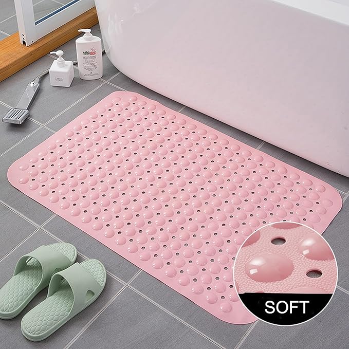 Bathtub and Shower Mats, 28 x 15 Inch Non-Slip Bath Mat, Machine Washable Bath Tub Mat with Suction Cups & Drain Holes for Bathroom, Beige