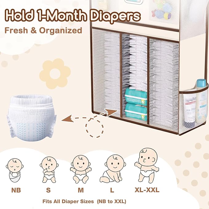 Baby Nursery Over The Door Organizer – 5-Tier 10 Pocket Hanging Storage with Removable Diaper Caddy & 3 Sturdy Hooks, 55LBS Capacity Baby Essentials Holder for Bathroom Bedroom Closet, Beige