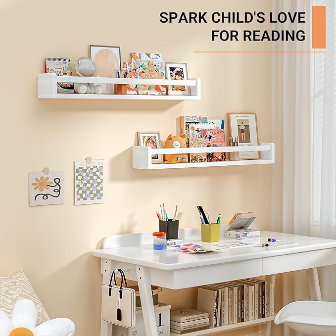 Heimlove Nursery Floating Shelves, Solid Wood Nursery Book Shelves for Wall, 32 inch Bookshelf for Kids, Wall Mounted Shelves for Books,Toys and Decor Storage, Set of 2 (White)