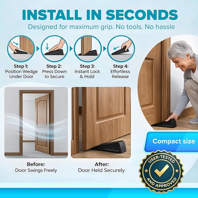 Strongest Home Heavy Duty Door Stop Wedge Made of Premium Quality Zinc and Rubber Suits Any Door, Any Floor. Set of 4 and Additional Self-Adhesive Wall Protectors