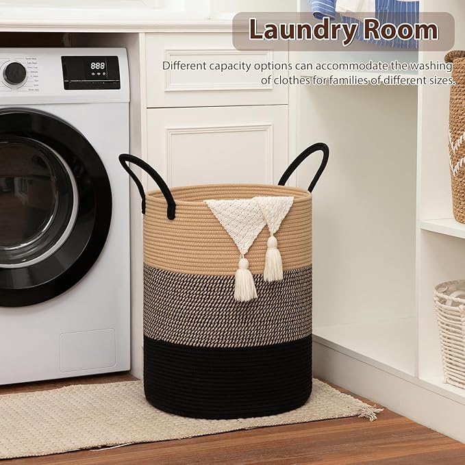 OIAHOMY Large Laundry Basket Hamper - 60L Cotton Rope Woven Basket for Blankets, Toys, Clothes - Tall Decorative Nursery Hamper with Long Handles, Yellow/Black