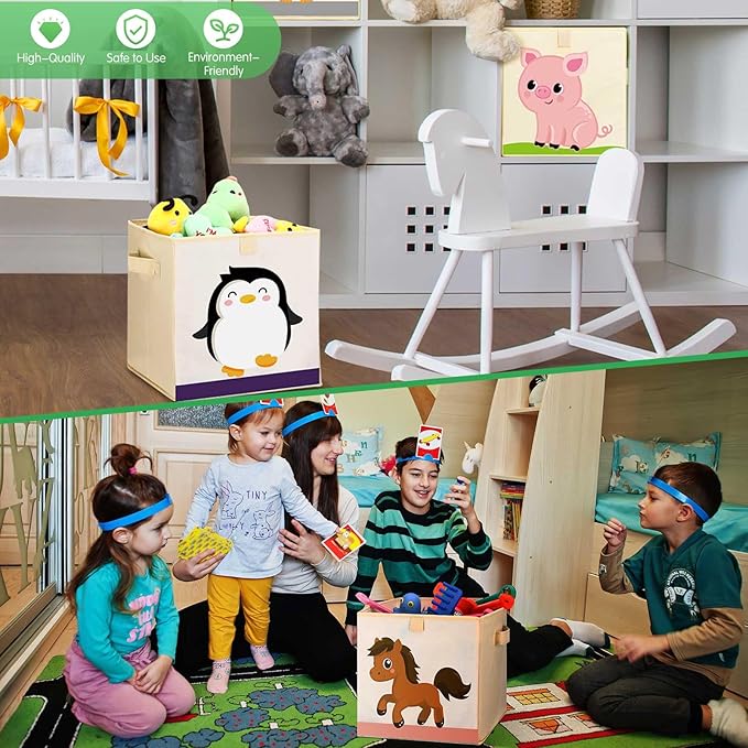 Kigley 6 Pcs Collapsible Cube Storage Bins Kids Foldable Storage Cube Organizer Fabric Toy Box Decorative Kids with Handles for Home Nursery Bedroom, 10.6 x 10.6 Inch(Cute Animal)