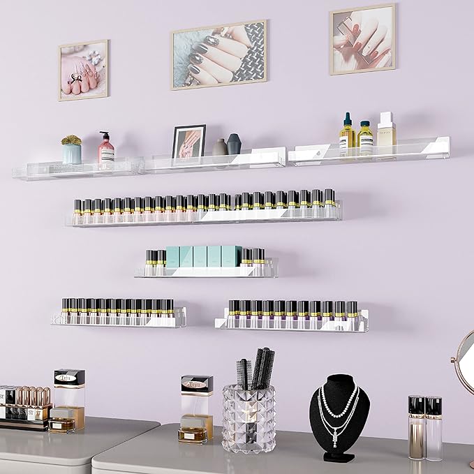 RORKIM 8 Pack 15 Inch Clear Acrylic Shelves, Clear Kids Floating Bookshelf for Kids Room, Modern Nail Polish Rack Sunglasses Essential Oil Picture Ledge Display Toy Storage Wall Shelf