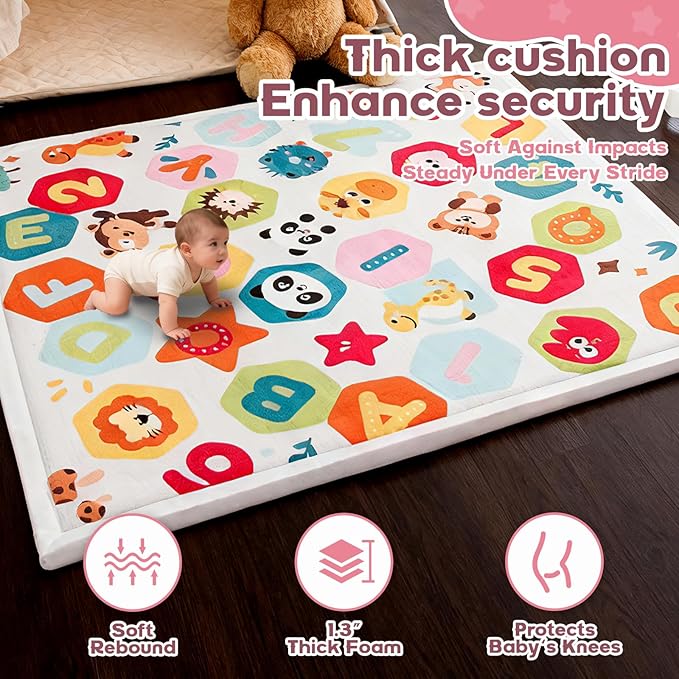 Baby Play Mat for Floor,1.3" Thick Elasti-Foam Playpen Mat for Tummy Time, Easy Care with Non-Slip Cushioned for Infant,Kids and Toddler Crawling