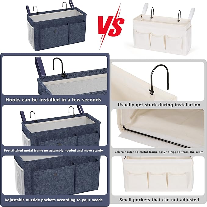 Edudif Bedside Caddy Bedside Organizer with Fixed Straps & Water Bottle Holder, Bunk Bed Caddy ideal for Home, Dorm, Hospital, Crib, Versatile Bedside Storage Solution (Navy)