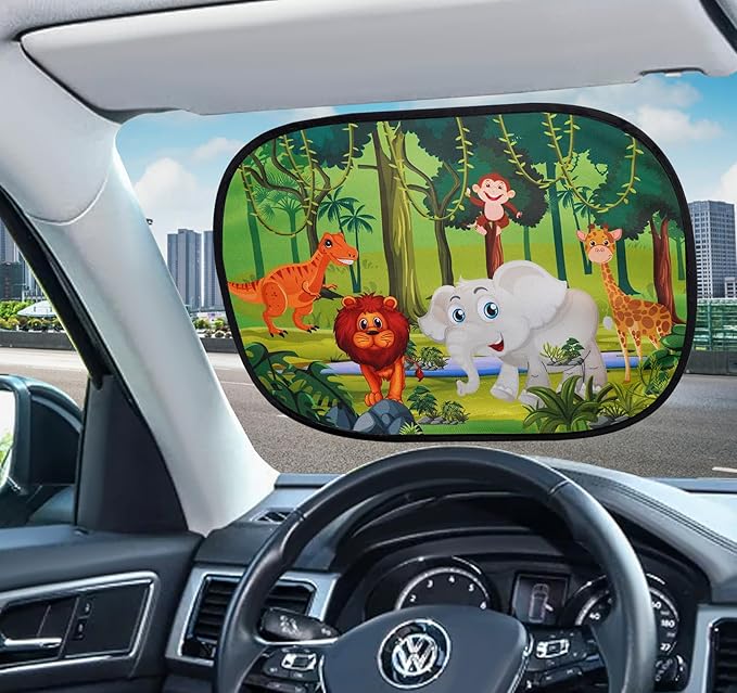 ABSOFINE Car Window Sun Shades for Baby Kids 2 Pack 19"x14", Animals Cartoon Window Shades Sun Blocker Cover, Baby Car Shades for Back Windows with 8 Suction Cups and Storage Bag, Anti Glare & UV