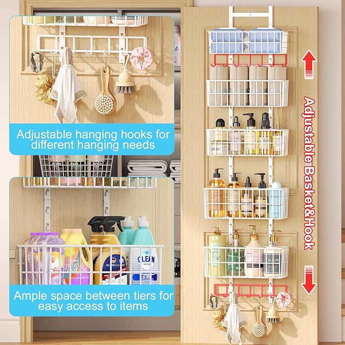 Over The Door Organizer, Hanging Door Organizer with 5 Metal Baskets, Behind The Door Storage for Pantry Closet Bedroom Bathroom Cabinet Kitchen, White