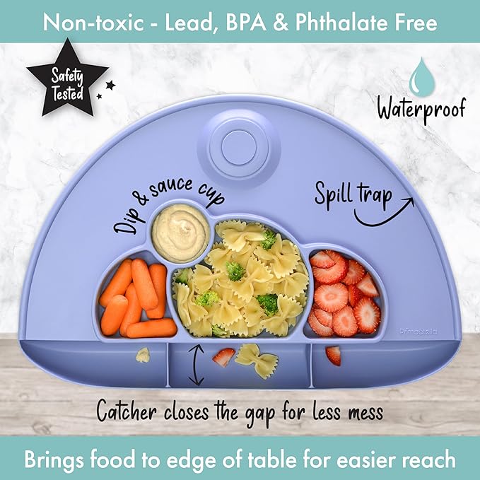 PrimaStella Silicone Placemat for Toddlers - Divided Toddler Plate, Suction Placemat and Food Catcher All-in-one (Purple)