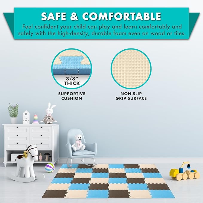 ProSource Foam Puzzle Floor Play Mat for Kids and Babies with Solid Colors, 36 or 16 Interlocking Tiles with Borders, Blue/Brown/Beige