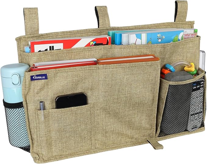 Surblue Bedside Caddy Hanging Bed Organizer Storage Bag Pocket for Bunk and Hospital Beds, College Dorm Rooms Baby Bed Rails, Camp 8 Pockets, (Large, Linen)