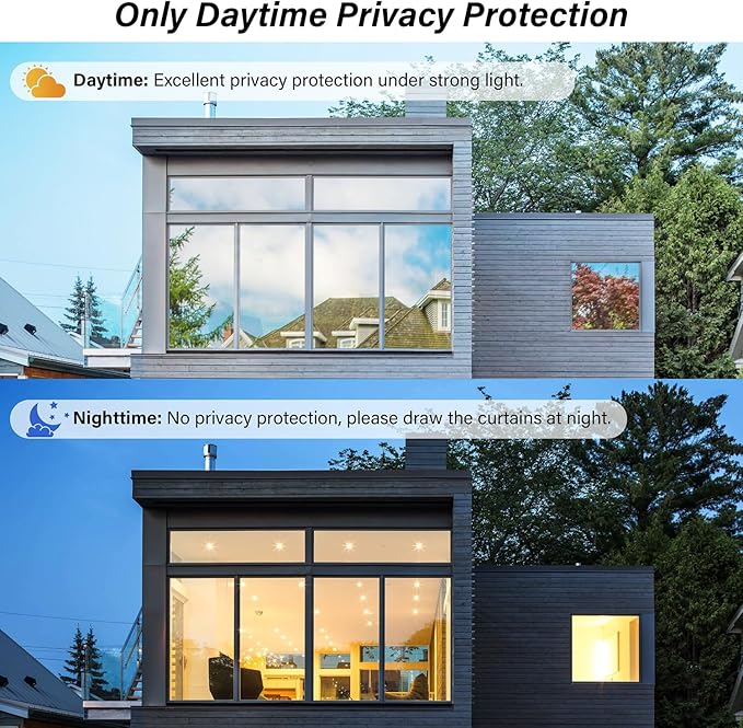 Kromapolis One Way Window Privacy Film Reflective Mirror Home Window Tint, Daytime Privacy Heat Control Anti UV Glass Tinting Static Cling (Silver, 45.2 x 393.7 inch)