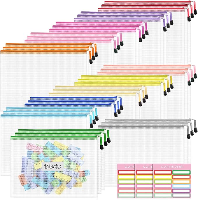 VVCOIIROEI 36pcs Zipper Bags for Organizing, A4 Zipper Pouches, Waterproof Pouch Bag, 12 Colors Toy Organization Bags, Zip Pouches for Organizing, Puzzle Bag, Office Organization, Homeschool Supplies