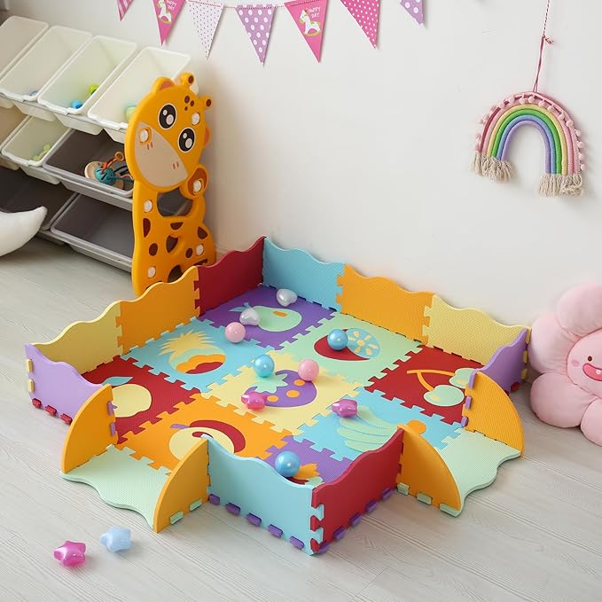 Tamiplay Foam Play Mat for Kids，25Pcs Square Interlocking Puzzle Floor Mat，Baby Play Mat Floor Mat Foam Puzzle Playmat for Toddlers with Fence（Fruit-CSH008