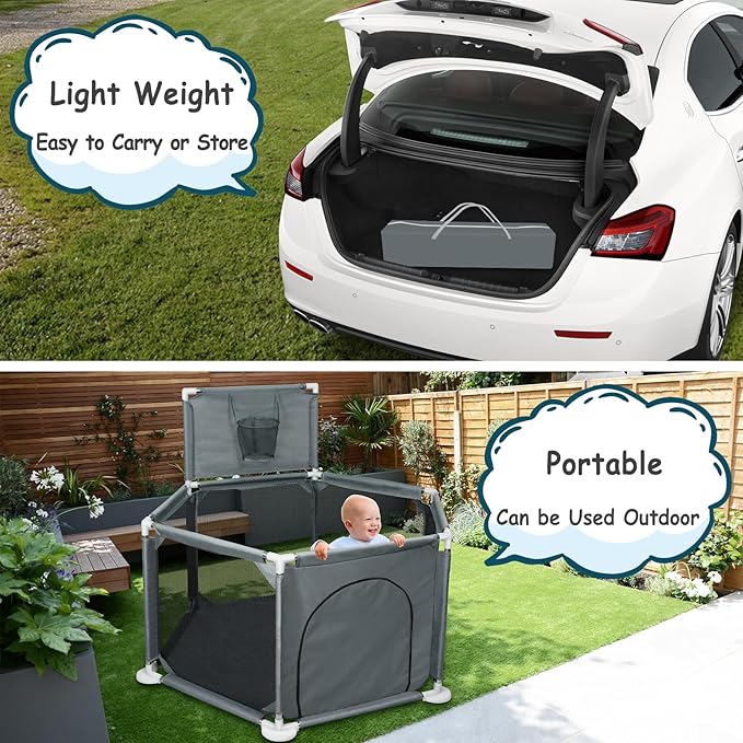 Baby Playpen, 50x50 Inch Playpen for Babies and Toddlers, Small Baby Play Yard, Indoor Outdoor Safety Activity Center Play Pen with Breathable Mesh and Basketball Hoop, Grey
