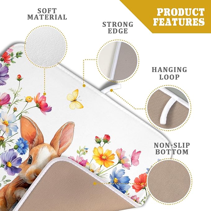 Spring Easter Rabbit Egg Dish Drying Mat for Kitchen Counter,Colorful Flowers Butterfly Drying Mat 16 x 18 Inch with High Absorbent Microfiber Drainer Mat for Coffee Bar