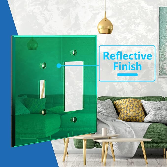 LIDER Reflective Acrylic Combination Wall Plate, Mirrored Double Switch Plate, Combo Toggle Switch and Decorator Outlet Cover, Acrylic Glass, Oversized 2-Gang 5.25" x 5.25", LWP-1131O-AGR, Green