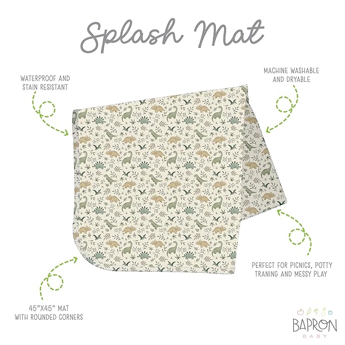 BapronBaby Foliage Dinos Splash Mat - Waterproof Catch-All for Under High Chairs, Floors, Tables, Playtime or Arts & Crafts - Machine Washable - 45" x 45”