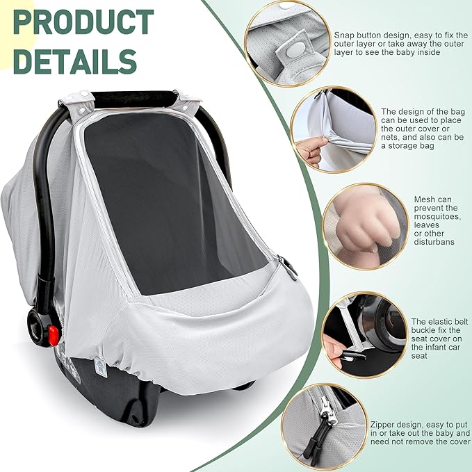 Baby Car Seat Cover,Sunproof Car Seat Canopy for Babies, Extra Large Mesh Window Baby Car Seat Sun Shade Cover,Infant Carseat Covers for Summer/Autumn Use(Gray)