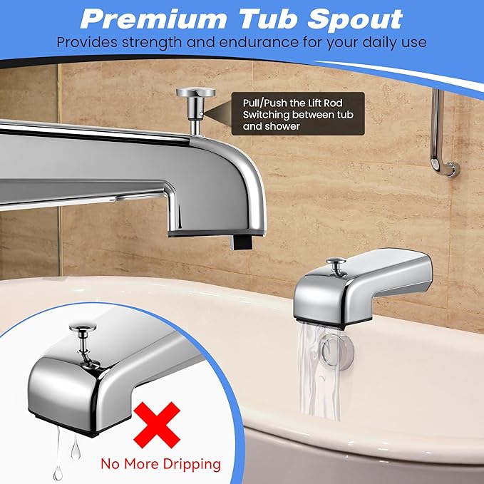 Dreyoo Tub Spout (Universal Fits 1/2" Copper Pipe, 1/2" IPS and 3/4" IPS), Bathroom Bathtub Faucet with Adapters and Hex Wrench(Chrome,Waterfall Spout)