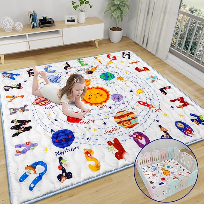 Solar System Baby Gyms Playmats for Playpen, 50"×50" Thicken ABC Alphabet Learning Mat Toddlers Padding Crawling Mat