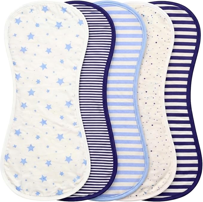 Tom Tom's Kids + Baby GOTS Certified Organic Cotton Burp Cloths, Figure-8 Design, 22 x 11 in, Navy & French Blue, 5-Pack