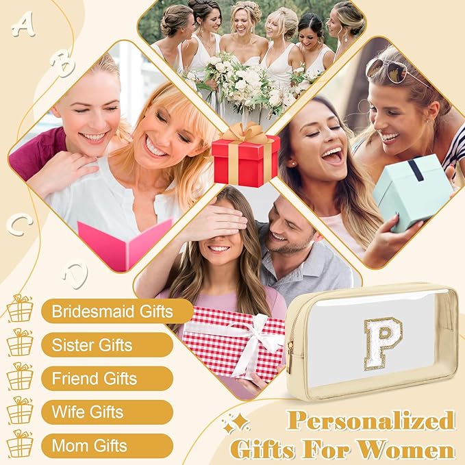 Personalized Initial Letter Clear Makeup Bag,Preppy Small Nylon&PVC Cosmetic Zipper Bag with Chenille Letter,Portable Beach Travel Skincare Toiletry Bag,Trendy Monogram Gift for Teen Girls Women,P